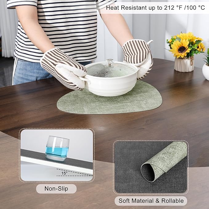 Placemats and Coasters, Washable Reversible Placemats Round Faux Leather Wipeable Place Mats Non Slip Heat Resistant Indoor Outdoor Table Mats (Set of 4, Gray Green)
