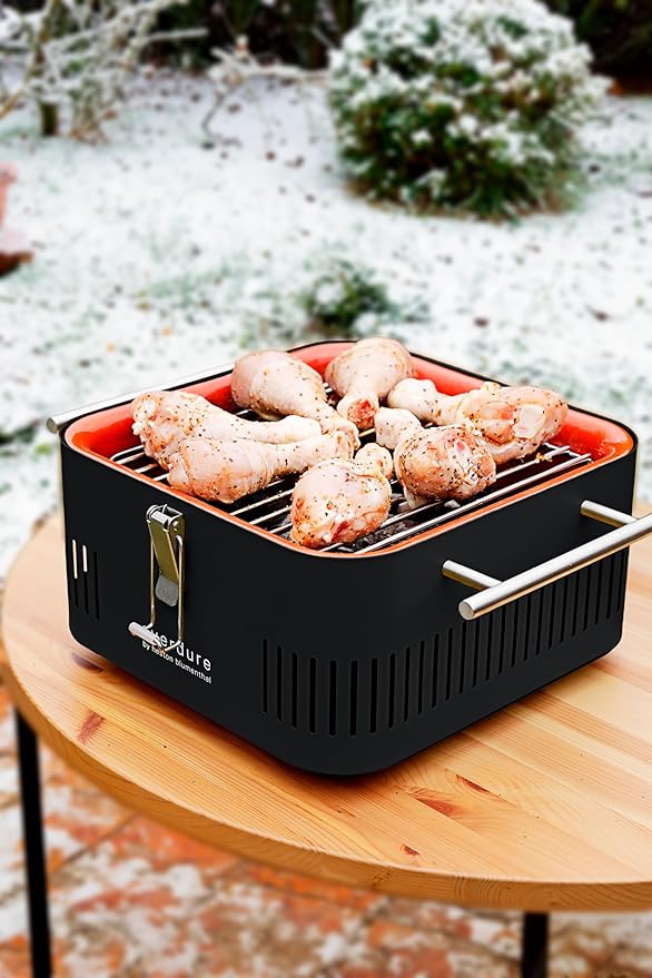 Everdure CUBE Portable Charcoal Grill, Tabletop BBQ, Perfect Tailgate, Beach, Patio, or Camping Grill, Lightweight & Compact Small Grill with Preparation Board & Food Storage Tray, Matte Black