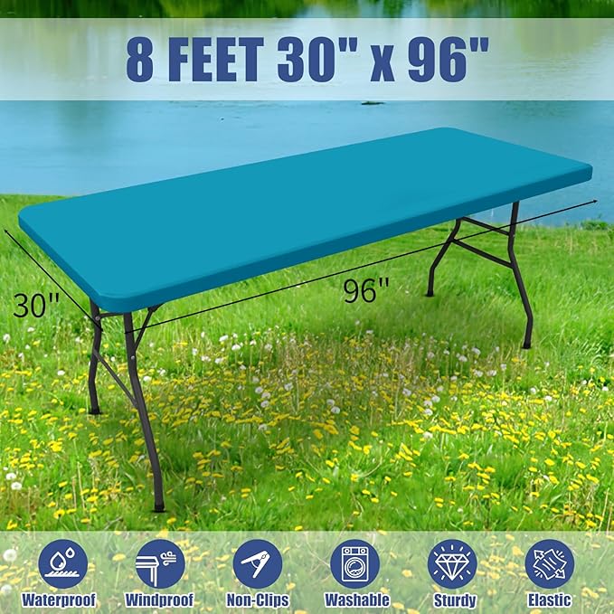 Spandex 8 Foot Rectangle Table Cloth 6 Pack, Elastic Fitted Tablecloths for Picnic, Stretch Washable Patio Table Cover for Outdoor, Camping, Banquet and Parties (Teal, 30"x96")
