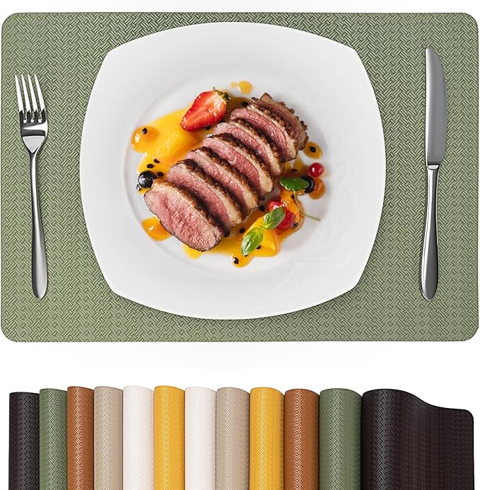 Faux Leather Placemats Set of 4 – 17x12 Inch Vinyl Table Mats, Heat Resistant, Non Slip, Wipeable & Washable, Easy to Clean Dining Table Decor for Kitchen & Dining Room（Olive Green）