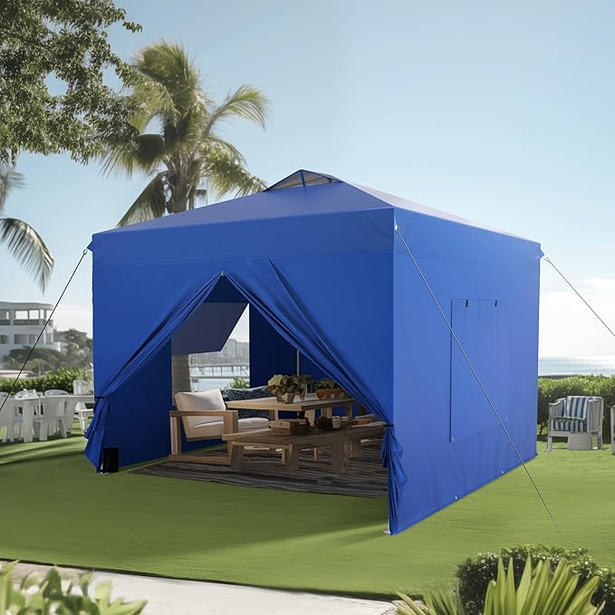 PHI VILLA 10x10 Pop Up Canopy Tent with Sidewalls - Easy Up Tent with Mesh Windows for Ventilation, Waterproof Design - Ideal for Parties, Beach, and Outdoor Events (Blue)