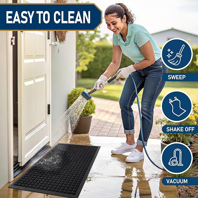 Smiry Front Door Mat Outside Entrance, Heavy Duty Natural Rubber Doormat, Non Slip, Trap Dirt and Moisture, Easy Clean, Low Profile Welcome Floor Mats for Indoor Outdoor Entry, 59x34 Inch, Black