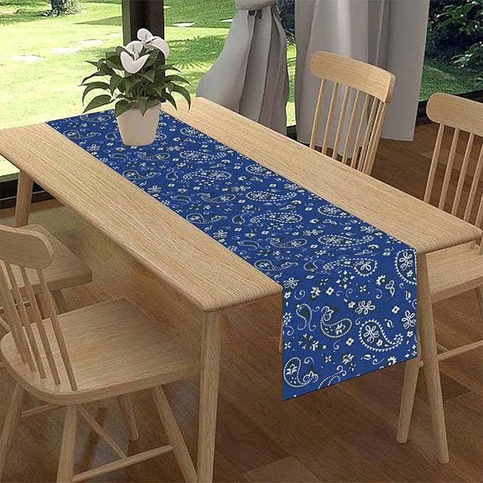 Blue Paisley Table Runner, Vintage Damask Antique Floral Flower Boho Damask Swirled Rustic Coffee Table Center Decor for Family Kitchen and Living Room Outdoor Table Decorations, 13"x72"