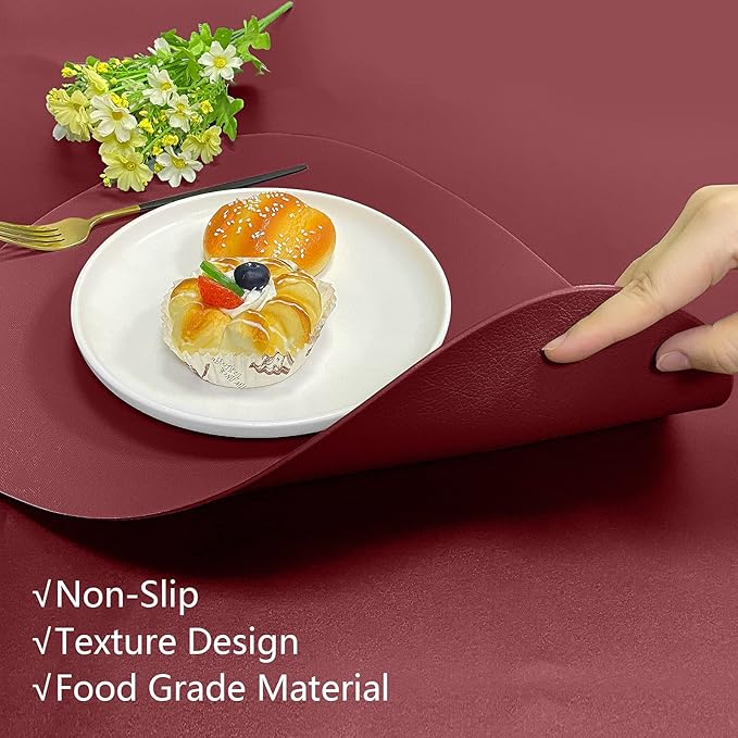 Herda Round Placemats Set of 6 Faux Leather Placemats Wipeable Washable Placemats Heat Resist placemat for Round Table for Kitchen Dining Patio Outdoor Indoor Easy to Clean Retro Burgundy Red