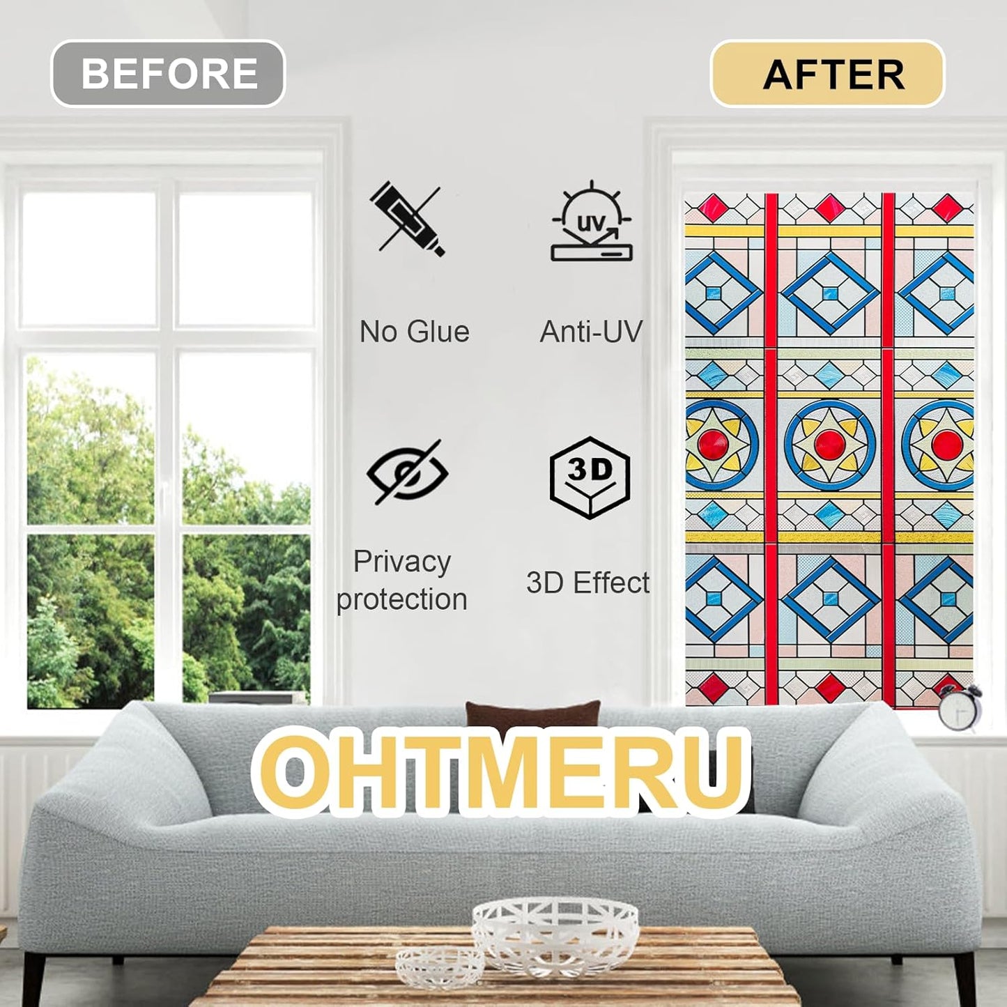 3D Stained Glass Window Privacy Film, Heat Control UV Blocking Static Cling Decorative Window Film for Bathroom,Front Door,Home Non Adhesive,23.6 x 35.4 inches Radiance