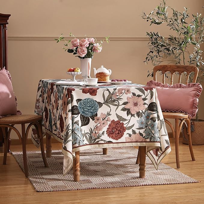 Designer French Linen Small Tablecloth for Rectangle Table,Red and Blue Floral Durable Tablecloths,Decor Table Cover for Kitchen,Dining,Thanksgiving,Home,55" × 71"-Burgundyred