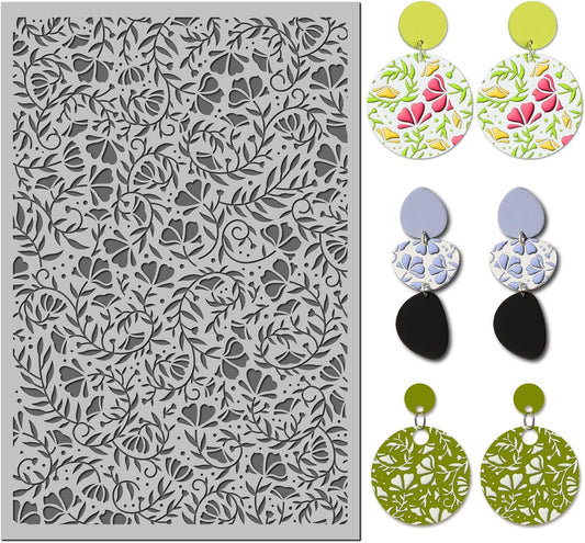 Arbuya Swirls Flowers Blossom Polymer Clay Texture Mat - Flourish Flowers Texture Sheet for Polymer Clay Jewelry Making, Earring Charms, DIY Craft Supplies