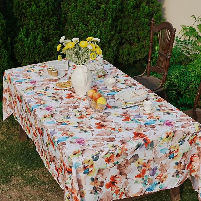 Rectangle Outdoor Tablecloth 60 x 108 Inch, Spillproof Waterproof Tablecloth, Durable Floral Print Pattern Farmhouse Table Cover for Dining, Party, Easter, Orange Flower