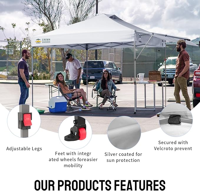 CROWN SHADES 10x10 Pop up Canopy Tent Patended Centerlock Instant Commercial Canopy with 150D Silver Coated Fabric Including 2 Extend Awnings, 4 Ropes, 8 Stakes, 4 Weight Bags (White, 10x14)