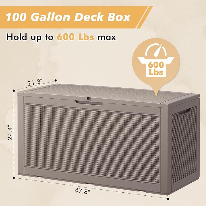 Outdoor Storage Box, Resin Deck Boxes Outdoor Waterproof For Patio Furniture, Garden Tools, Pool Supplies, Durable And UV Resistant, Lockable (100 Gallon, Grey)