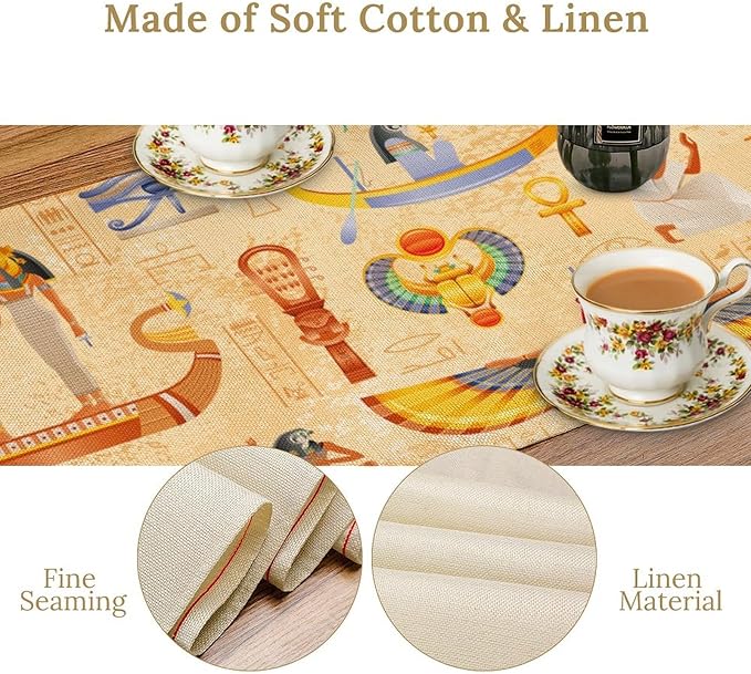 Egypt Table Runner, Ancient Egyptian Mythology Gods Hieroglyphic Elements Retro Farmhouse Table Runner for Home Kitchen Dining Party Indoor Outdoor 13x120in