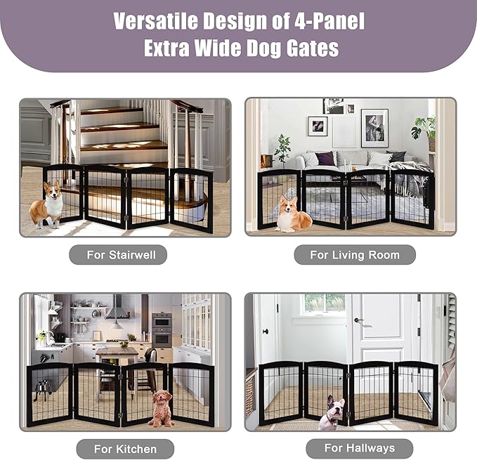 LZRS 4-Panel Extra-Wide Wooden Freestanding Dog Gate: Foldable Solid Wood and Steel Wire Chew Resistant Safety Barrier for Doorways, Stairs, and Large Open Spaces Indoor Use, Black