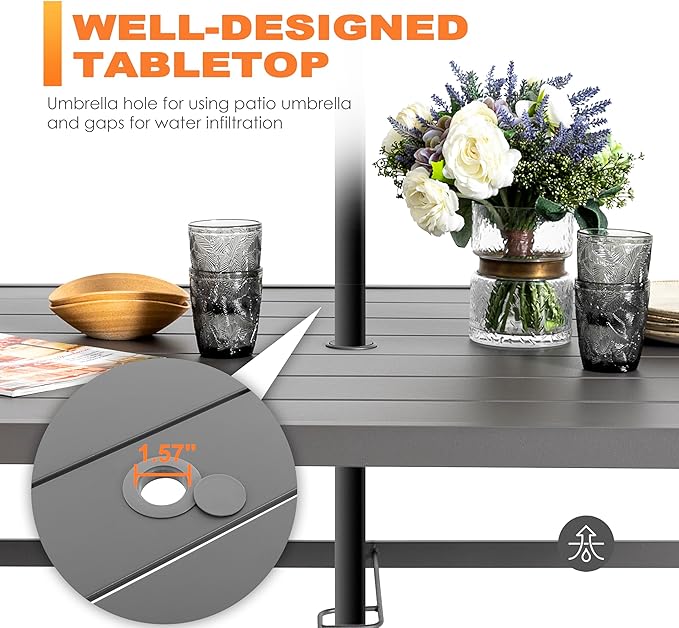 NUU GARDEN Outdoor 61" x 37" Rectangle Dining Table with 1.57" Umbrella Hole, 6-Person Steel Slat Outdoor Patio Table, for Patio, Garden, Backyard and Balcony, Gray