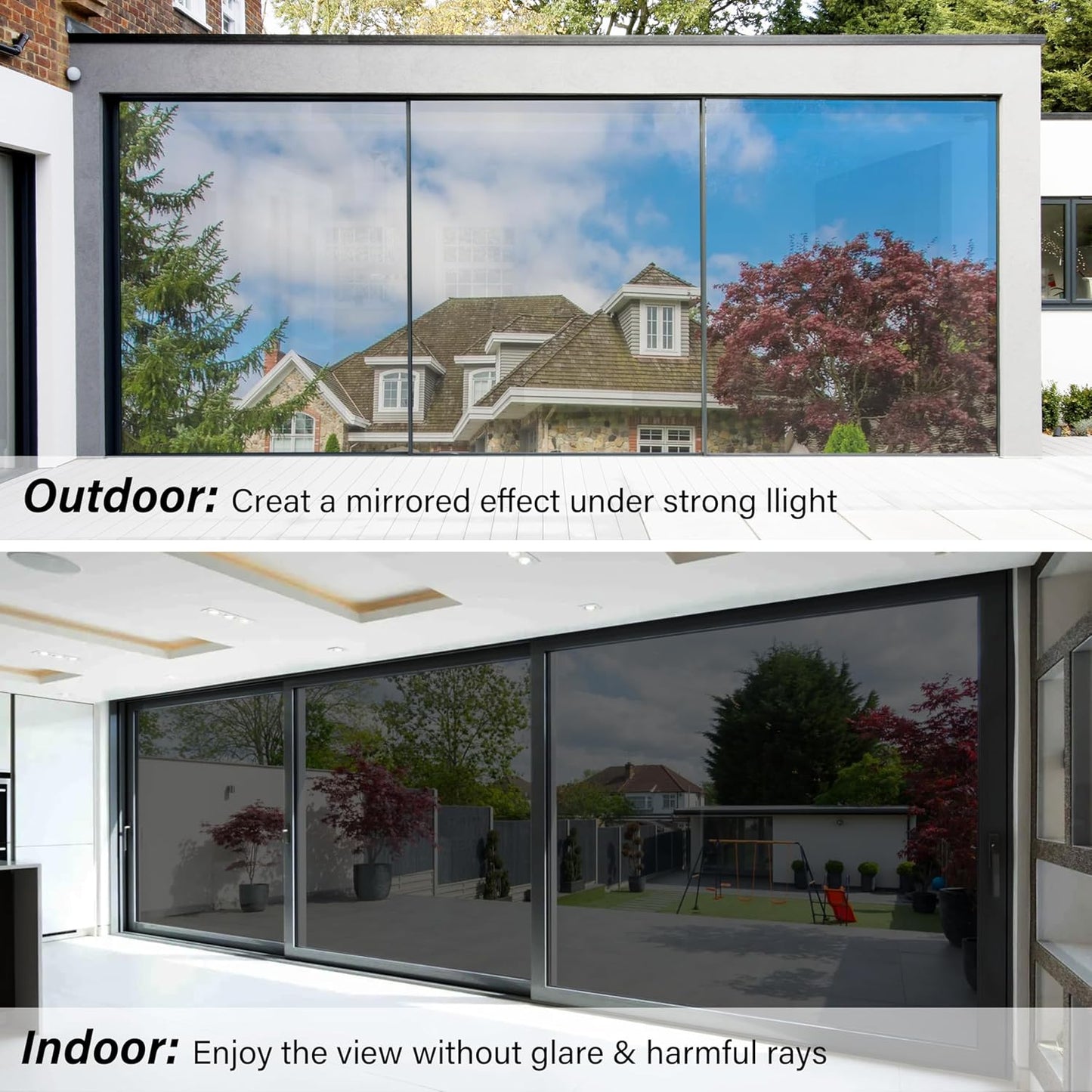 Kromapolis One Way Window Privacy Film Reflective Mirror Home Window Tint, Daytime Privacy Heat Control Anti UV Glass Tinting Static Cling (Black-Silver, 35.4 x 78.7 inch)