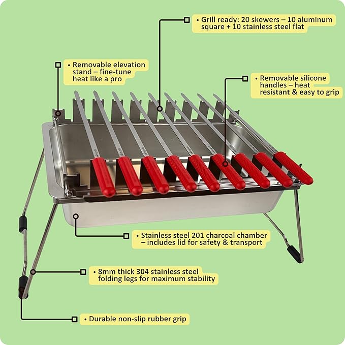 𝗖𝗵𝗮𝗿𝗰𝗼𝗮𝗹 𝗞𝗮𝗯𝗼𝗯 𝗚𝗿𝗶𝗹𝗹 by 𝗡𝗼𝗿𝘁𝗵 𝗚𝗿𝗶𝗹𝗹𝘀: precise heat control, silicone-handle square & flat skewers, charcoal starter tool, tongs, BBQ gloves, and storage & travel bags.
