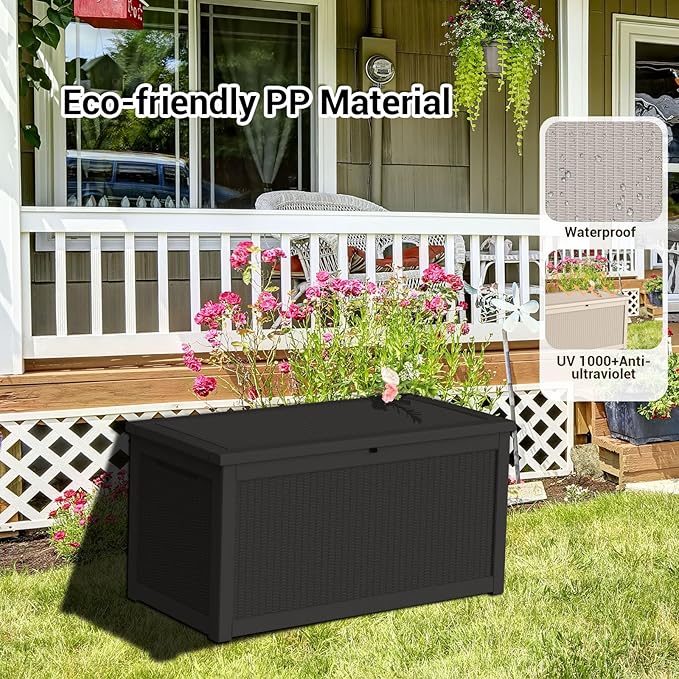 DRATO 320 Gallon Deck Box, Outdoor Large Waterproof Resin Storage Box with Lockable Lid for Patio Cushions, Gardening Tools （Black，320 Gallon）