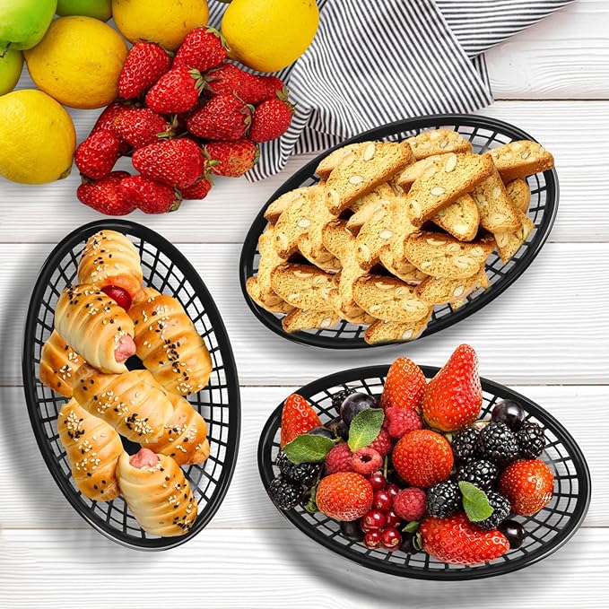 80 Pcs 9 x 5.7 Inch Reusable Oval Fast Food Baskets, Sturdy Plastic Serving Baskets for Fast Food, Parties, Picnics, BBQs and Snacks, by KUKLIPJIM.(Black)