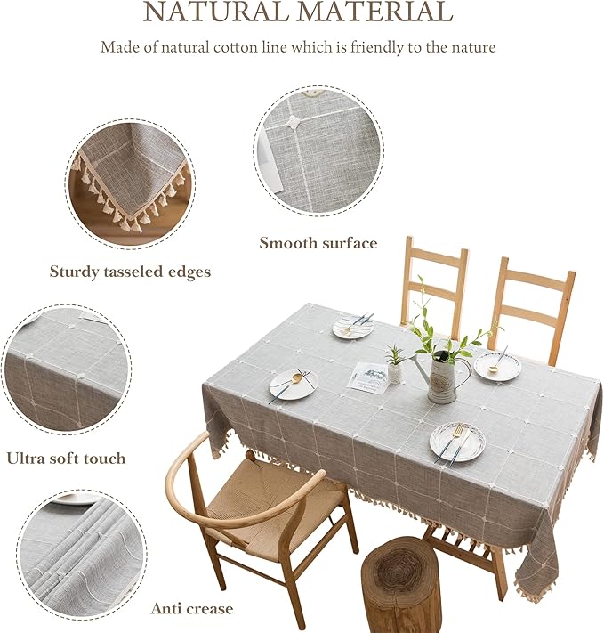 Pahajim Rustic Linen Tablecloth Cotton Rectangle Table Cloth for Kitchen Dining with Tassel Plaid Waterproof Tablecloths Rectangle/Oblong,55''x94'', 6-8 Seats