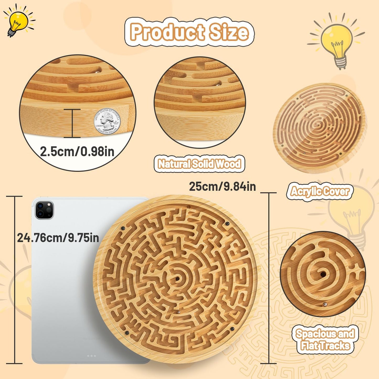 Wooden Labyrinth Board Game with Two Versions of Upgraded Circular Marble Maze with Two-Sided Design, 2-in-1 Puzzle Maze with Two Metal Balls, Brain Teaser Game for Children, Teenagers, and Adult