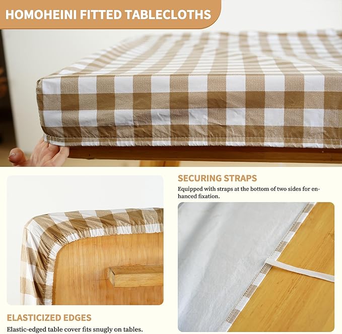 Rectangle Picnic Table Cloth, Elastic Waterproof Fitted Vinyl Tablecloths for 6 Foot Tables, Wipeable Flannel Backed Table Covers for Dining, Camping, Outdoor(Khaki Plaid,30"x72")