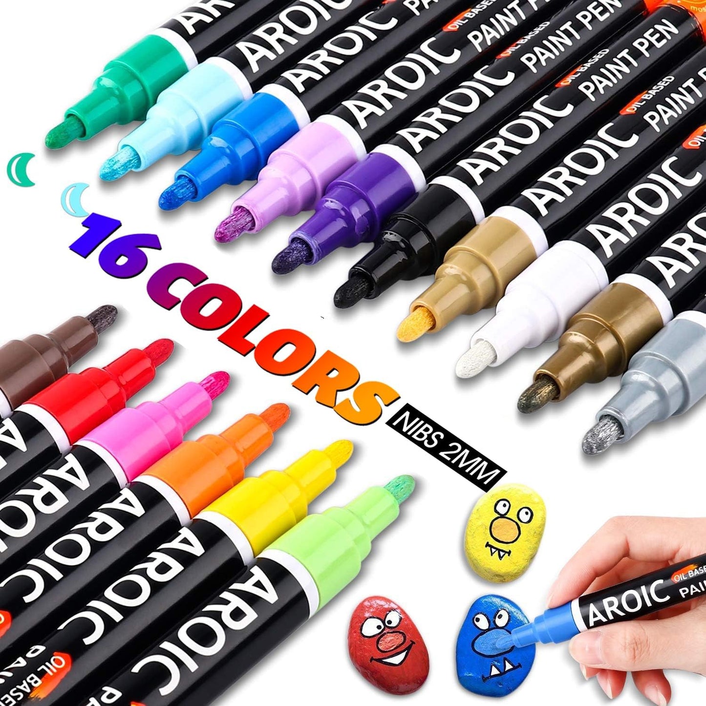 AROIC Paint Pens Paint Markers, 16 colors Oil-Based Waterproof Painting Marker Pen Set On Rock, Wood, Fabric, Metal, Plastic, Glass, Canvas, Mugs, Waterproof, DIY Craft and More