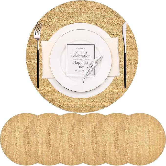 PIGCHCY Round 15" Water-Resistant Placemats Set of 6, Premium Faux Leather Placemats PVC Easy Clean Table Mats for Hotels Outdoor Dining, Wedding Decor (Golden Beige)