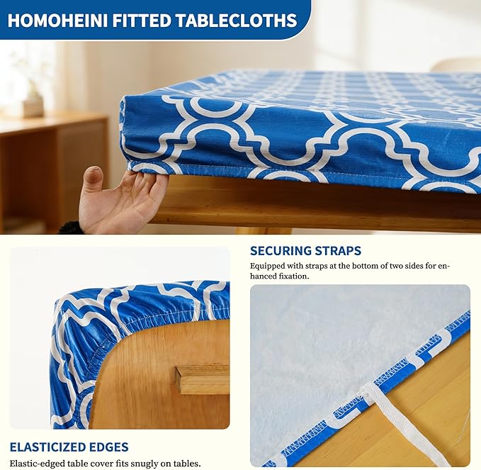 Rectangle Picnic Table Cloth, Elastic Waterproof Fitted Vinyl Tablecloths for 4 Foot Tables, Wipeable Flannel Backed Table Covers for Dining, Camping, Outdoor(Blue,30"x48")