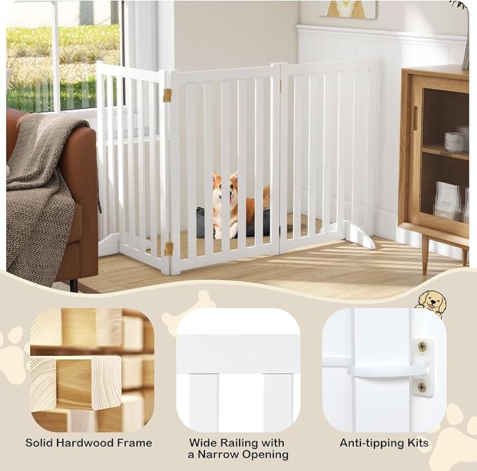 30" Height Tall Freestanding Pet Gate, Solid Wood Folding Safety Fence Wooden Dog Gate with 2 PCs Support Feet Ideal for Stairs, Doorways, Halls, Kitchens, Heavy Duty Gates, 3 Panels, White