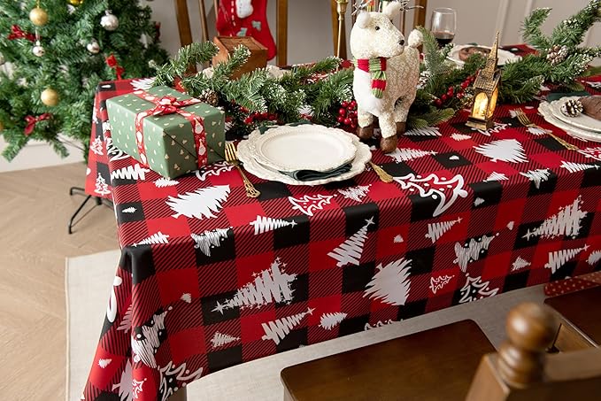 Red Gingham Plaid Christmas Tree Tablecloth - Rectangular 58x102 Inch Water Resistant Table Cloth for Indoor/Outdoor Use - Holiday Table Cover for Kitchen, Picnics, and Parties