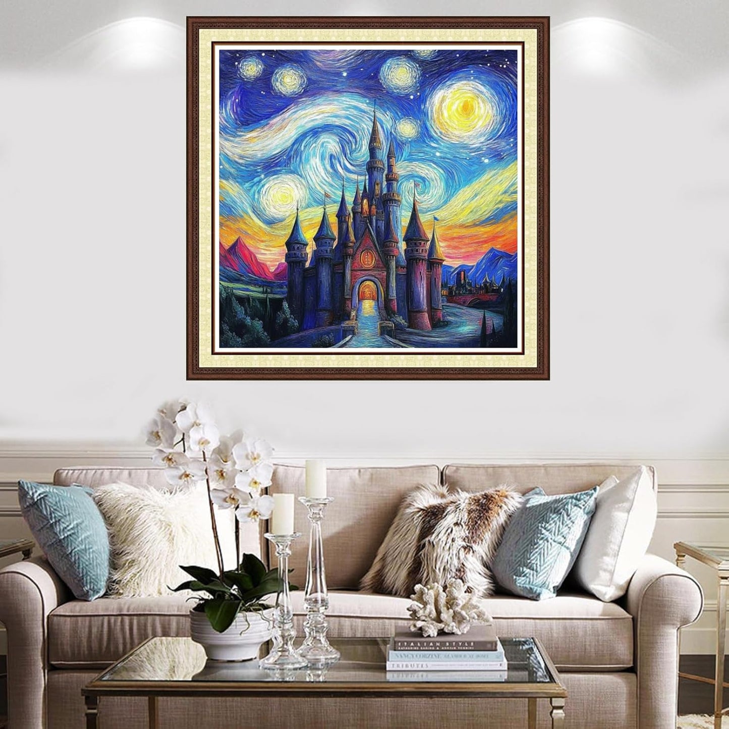 Findvoor Counted Cross Stitch Kits for Adults Full Range of Cross Stitching Embroidery Unprinted Pattern for Beginners, 11CT Needlepoint Kit Patterns Embroidery Kits-Van Gogh's Castle 18x18 inch