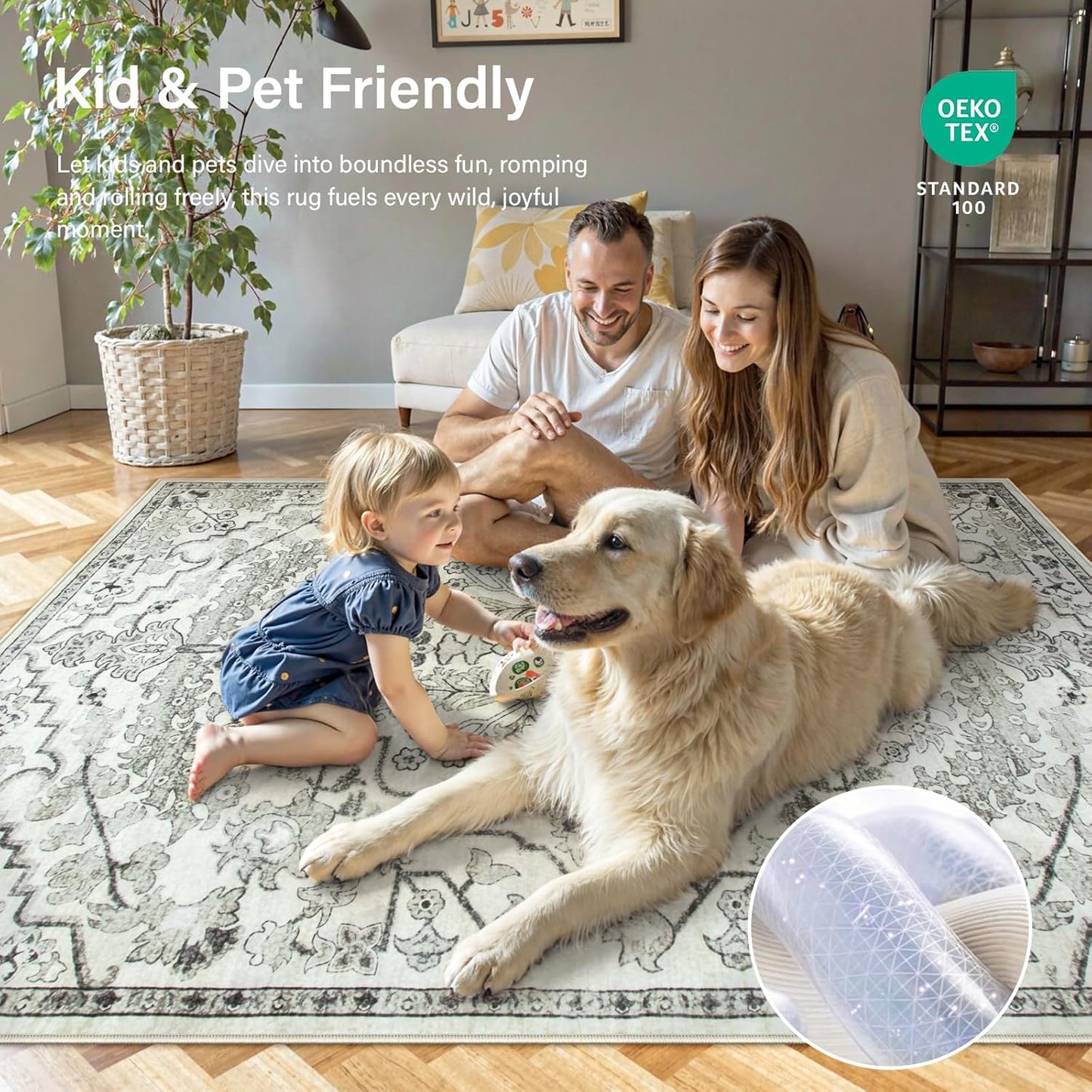 Lahome Area Rug 4x6 Bohemian Vintage Washable Boho Rugs for Bedroom Aesthetic, Beige Rugs for Living Room, Floral Medallion Soft Non-Slip Non-Shedding Faux Wool Rug for Entryway Kitchen Dining Table