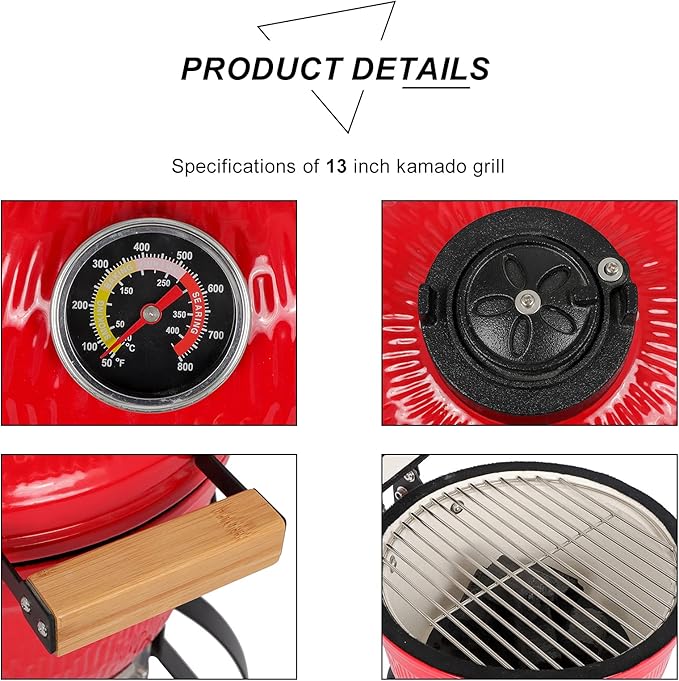 VINGLI 13" Kamado Grill Charcoal Grills Portable Barbecue Grill BBQ Kettle Stand Lid Perfect for Outdoor Camping Patio Backyard Picnic