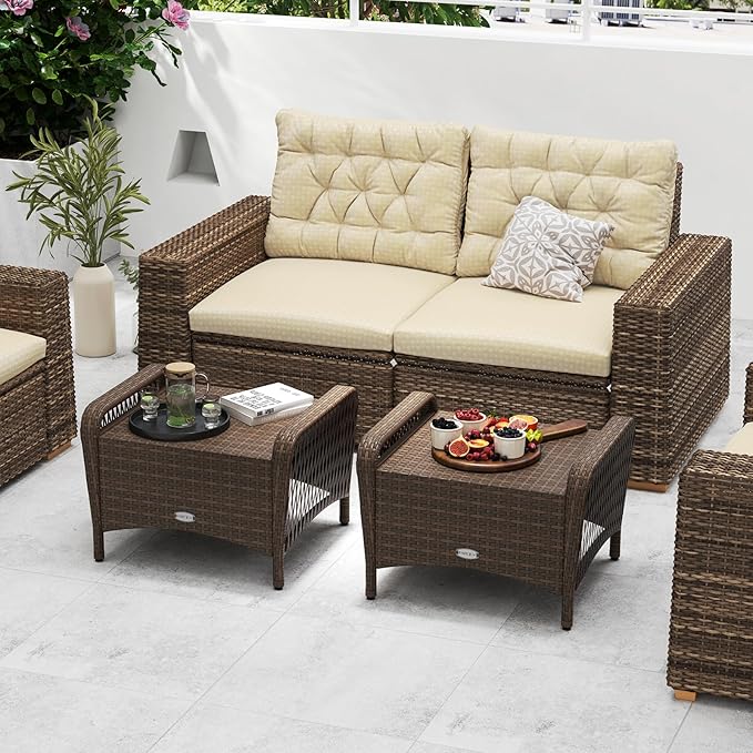 Tangkula 2 Pieces Outdoor Patio Wicker Ottomans with Removable Cushions, Outside Footrest for Additional Seating, Footrest and Side Table, for Porch, Garden and Backyard