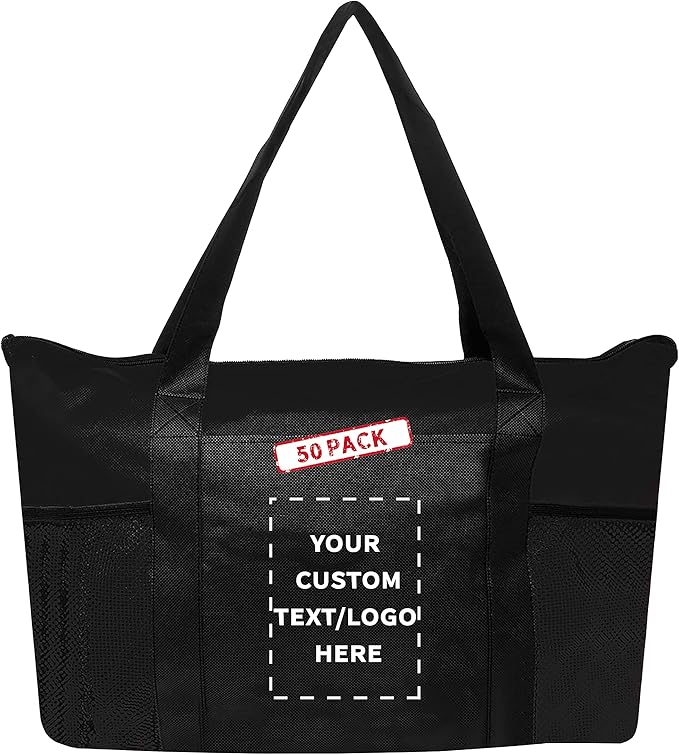 DISCOUNT PROMOS 50 Zippered Non-Woven Tote Bags Set - Customizable Text, Logo - Mesh Pocket, Zippered, Recyclable, Reusable - Black - 19"X14"X3", with Zipper