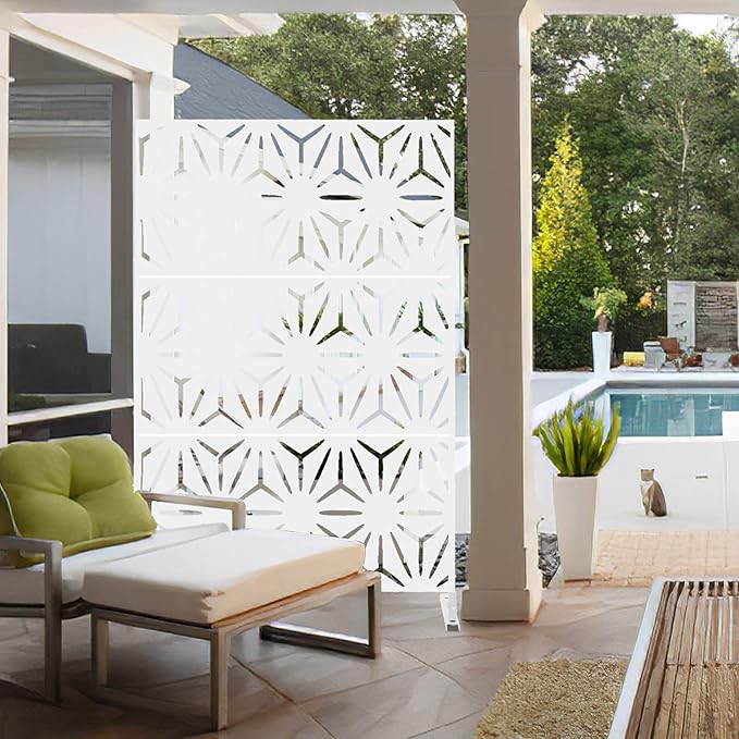 Elevens Free Decorative Privacy Screen with Stand, Outdoor Decor Privacy Fence Screen Metal Fence Panels, Outdoor Divider for Garden Patio Backyard, White-Star (A-GE04006)