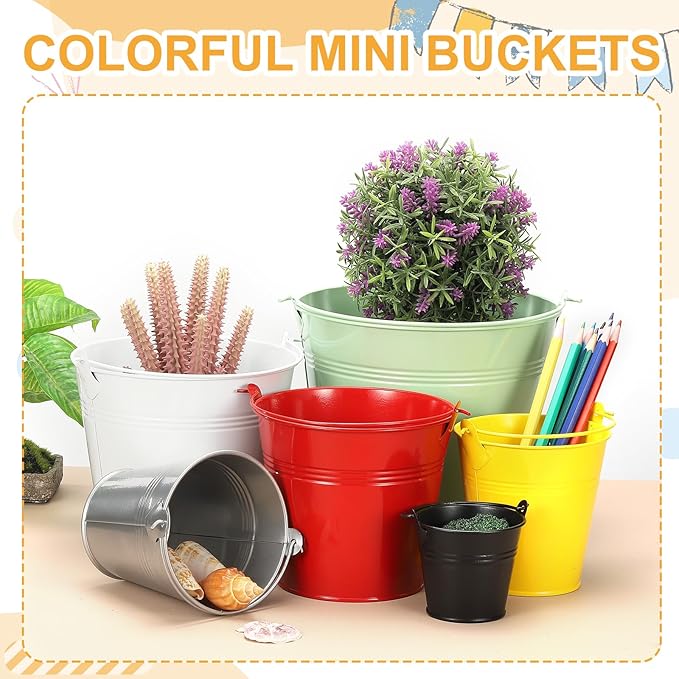 Small Metal Buckets, Mini Buckets with Handle Galvanized Colored Tin Pail Containers Basket Party Supplies - Fit for (Halloween - Classroom Crafts) 4" & 10Pcs & Yellow