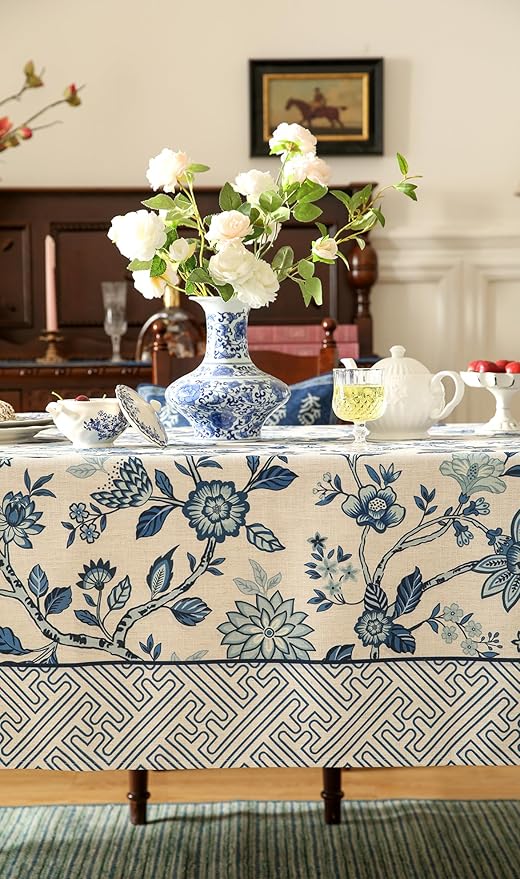 Vintage Blue and White Long Rectangle Tablecloth,French Linen Floral Wrinkle Free Tablecloths,Decorative Table Cover for Kitchen,Dining,Party,Thanksgiving,Christmas,63"*102"-Suqing
