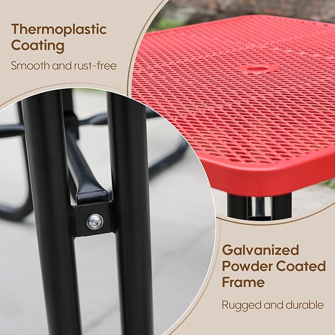 46'' Square Metal Picnic Table for Outdoors, Commercial Steel Metal Picnic Tables, Heavy Duty Sturdy Picnic Tables Furniture Set for Patio Garden Courtyard BBQ, with Umbrella Hole, Red