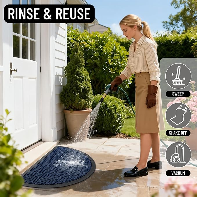 OLANLY Half Circle Door Mat Outside Entrance 29.5x17, Absorbent, Heavy Duty Sturdy Natural Rubber Doormat Indoor Outdoor, Fade Resistant, Non-Slip Backing Low Profile Floor Mat for Entryway, Navy Blue