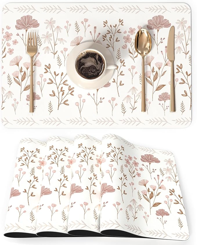 QIYI Placemats Set of 6, 12x18 Inch Faux Leather Place Mats for Kitchen Dinning, Heat Resistant Anti Slip Floral Table Mats, Waterproof Wipeable Washable Placemat Party Beige Table Décor, Pink Flowers