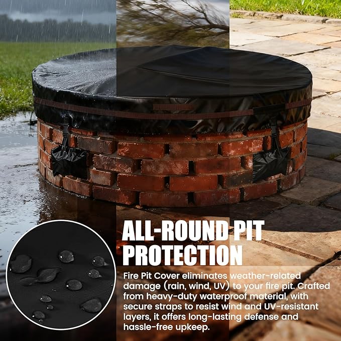 Outdoor Round Fire Pit Cover 51x9.5" Waterproof Tear-Resistant 600D Oxford PU Coated for 48–50" Built-In or In-Ground Stone Fire Pits, Heavy Duty All-Season Protection for Outdoor Fireplaces