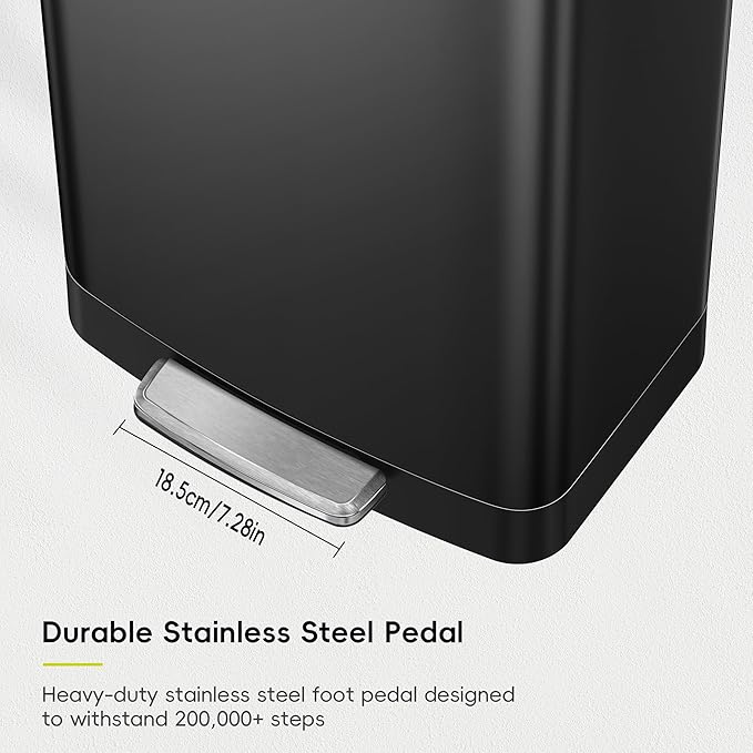 EKO Hudson 50 Liter/13.2 Gallon Kitchen Trash Can with Soft Close Lid, Stainless Steel Step Trash Can, Garbage Can with Rear Trash Bag Storage Compartment for Kitchen, Matte Black