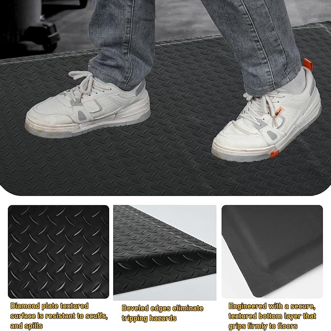Nisorpa Anti Fatigue Mats Industrial 2' x 7' Ergonomic Standing Mat 15/16" Extra Thick Kitchen Rugs for Standing Heavy Duty Commercial Diamond Plate - Safety Support for Leg & Back Pain, Black