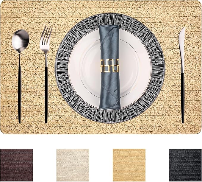 PIGCHCY Waterproof PVC Place Mats Set of 6, Non-Slip Faux Leather Placemats Rattan Pattern Surface Table Mats for Wedding/Birthday Party/Kitchen (18"x12", Golden Beige)