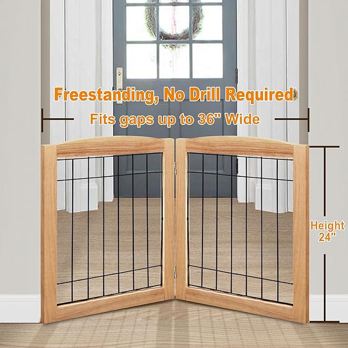 LZRS 2-Panel Freestanding Foldable Wood Dog Gate – Solid Wood & Steel Wire, Chew-Resistant Pet Barrier for Indoor Use, Ideal for Small to Medium Dogs, Natural