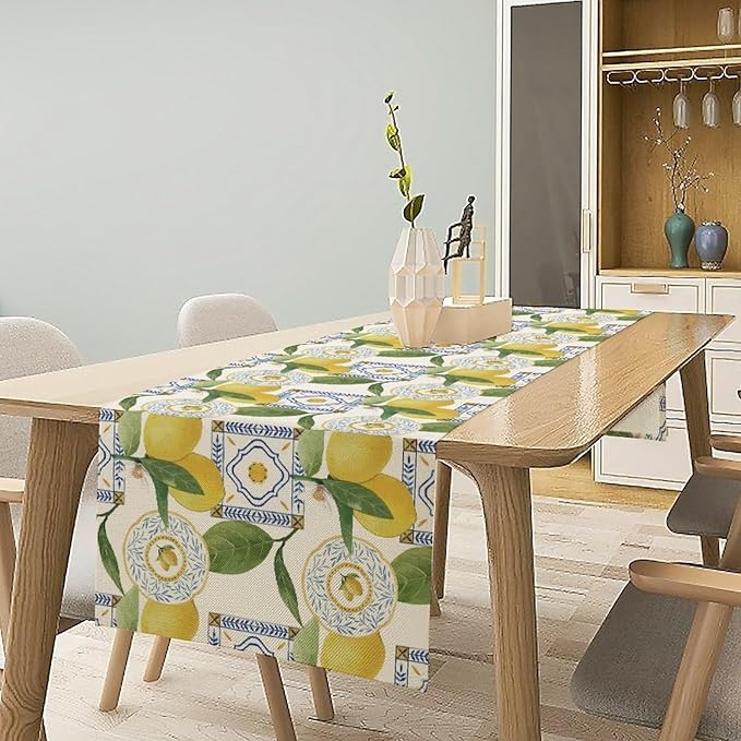 Tiles Lemon Table Runner, Watercolor Italian Tile Floral Plant Print Table Runner for Farmhouse Coffee Home Kitchen Dining Outdoor Party 13x120in