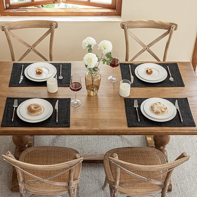 Blue Forest Placemats Set of 4, Dual-Layered Thickened Faux Linen Cloth Place Mats Heat Resistant Machine Washable Wrinkle Free Table Mats Indoor/Outdoor (Black)