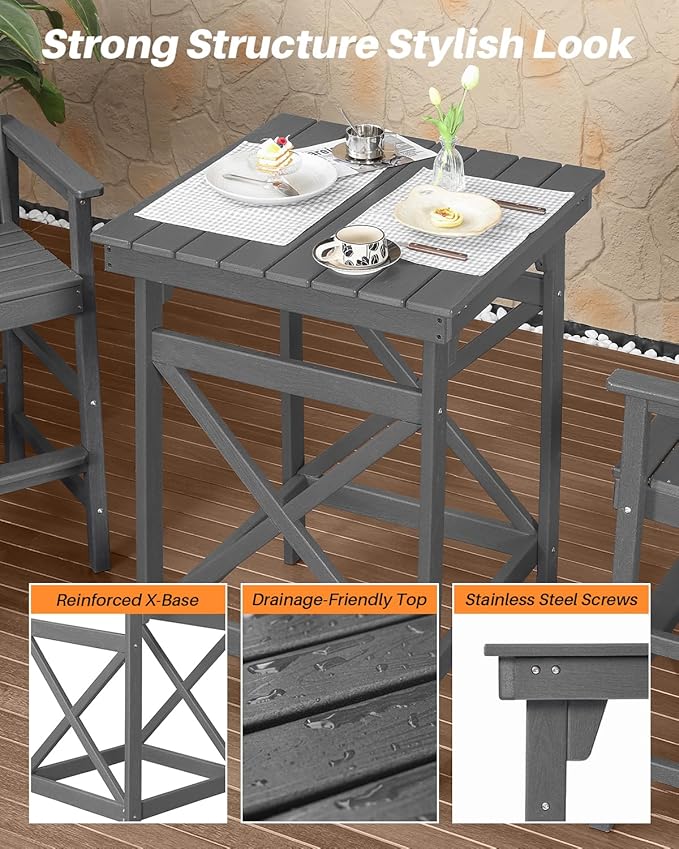 3-Piece Adirondack Chairs and Table Set, HDPE Patio Bar Sets, All Weather Outdoor Bar Stools Set, HDPE Adirondack Bar Height Chairs and Bar Table for Balcony, Pool, Porch, Smoke Gray