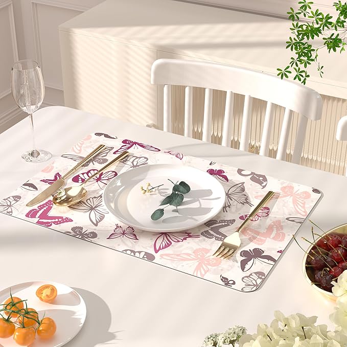QIYI Placemats Set of 6, 12x18 Inch Faux Leather Place Mats for Kitchen Dinning, Heat Resistant Anti Slip Table Mats, Waterproof Wipeable Washable Placemat Party Table Décor, Watercolor Butterflies