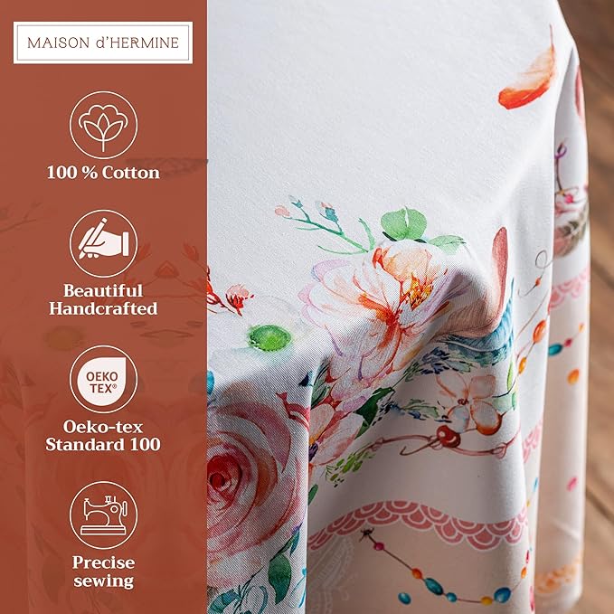 Maison d' Hermine Table Cloth Round Table 100% Cotton 63 Inches Tablecloth Reusable Decorative Everyday Use for Dining Room, Farmhouse, Home, Party, Festive & Wedding Spring Summer - Ibiza - Beige